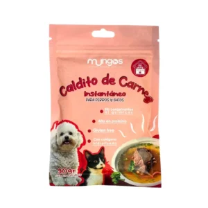 Caldo de carne para perros y gatos Mungos Caldito de Carne Instantáneo empaque de 90 gramos en polvo.