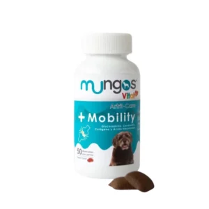 Suplemento articular para perros Mungos Vital + Mobility frasco de 50 masticables sabor carne.