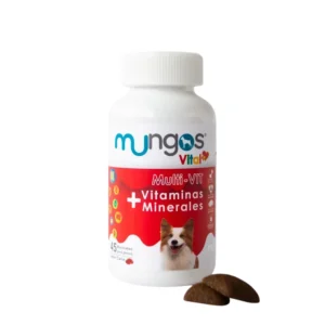 Multivitamínico para perros Mungos Vital + Multi-VIT frasco de 45 masticables sabor carne.