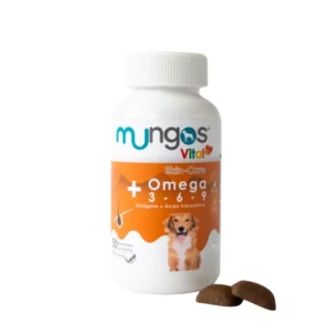 Suplemento para el pelo de perros Mungos Vital + Omega 3 6 9 frasco de 50 masticables sabor salmón.