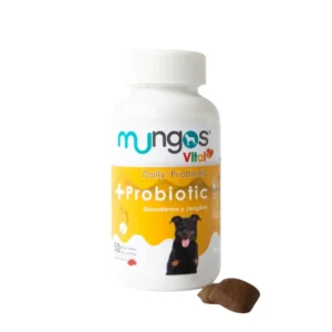 Suplemento digestivo de probióticos para perros Mungos Vital + Probiotic frasco de 50 masticables sabor carne.