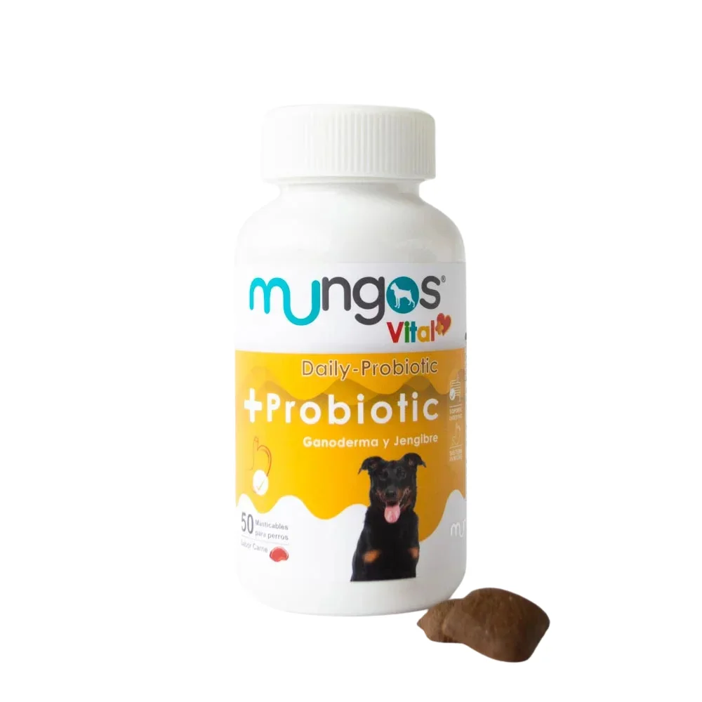 Suplemento digestivo de probióticos para perros Mungos Vital + Probiotic frasco de 50 masticables sabor carne.