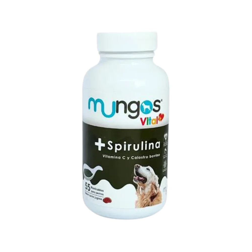 Suplemento natural de espirulina para perros Mungos Vital + Spirulina frasco de 55 masticables sabor carne jugosa.